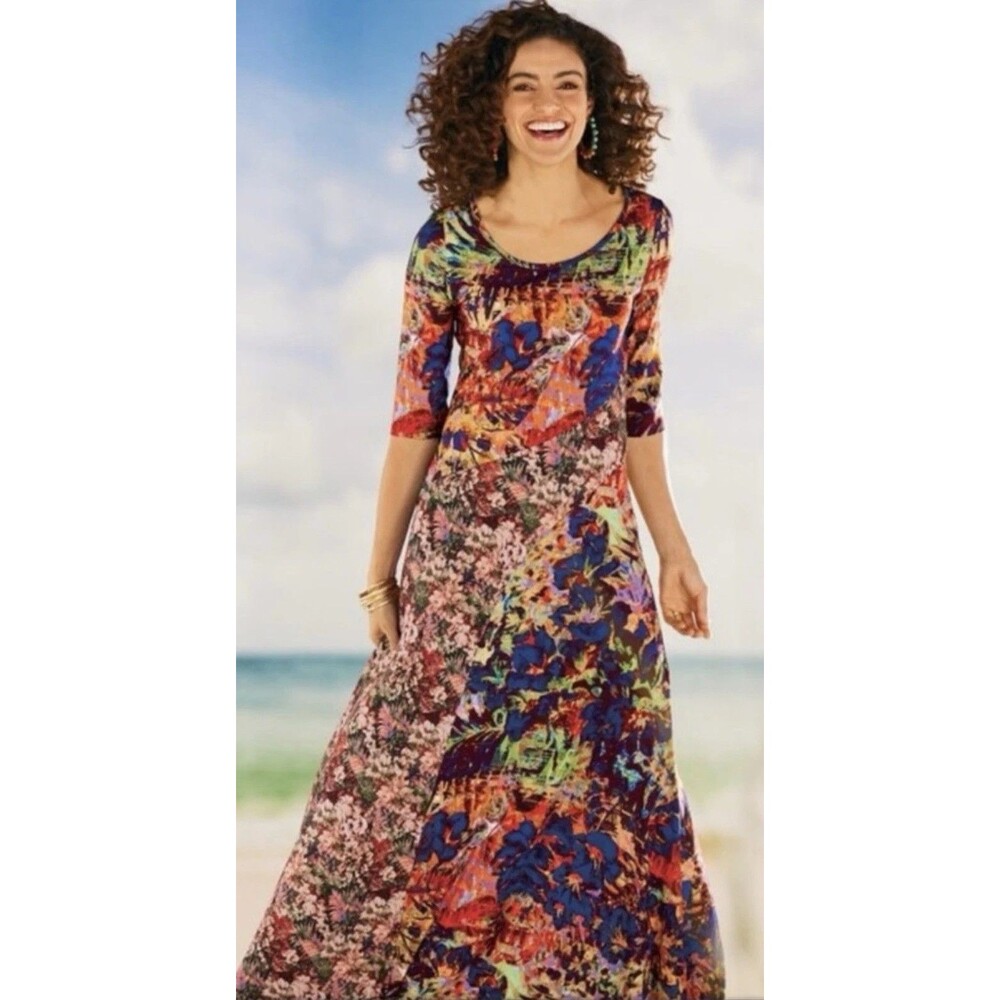 Soft Surroundings Estelle Maxi Dress in Tropics Multi Jersey Stretch Sz S NWT!!